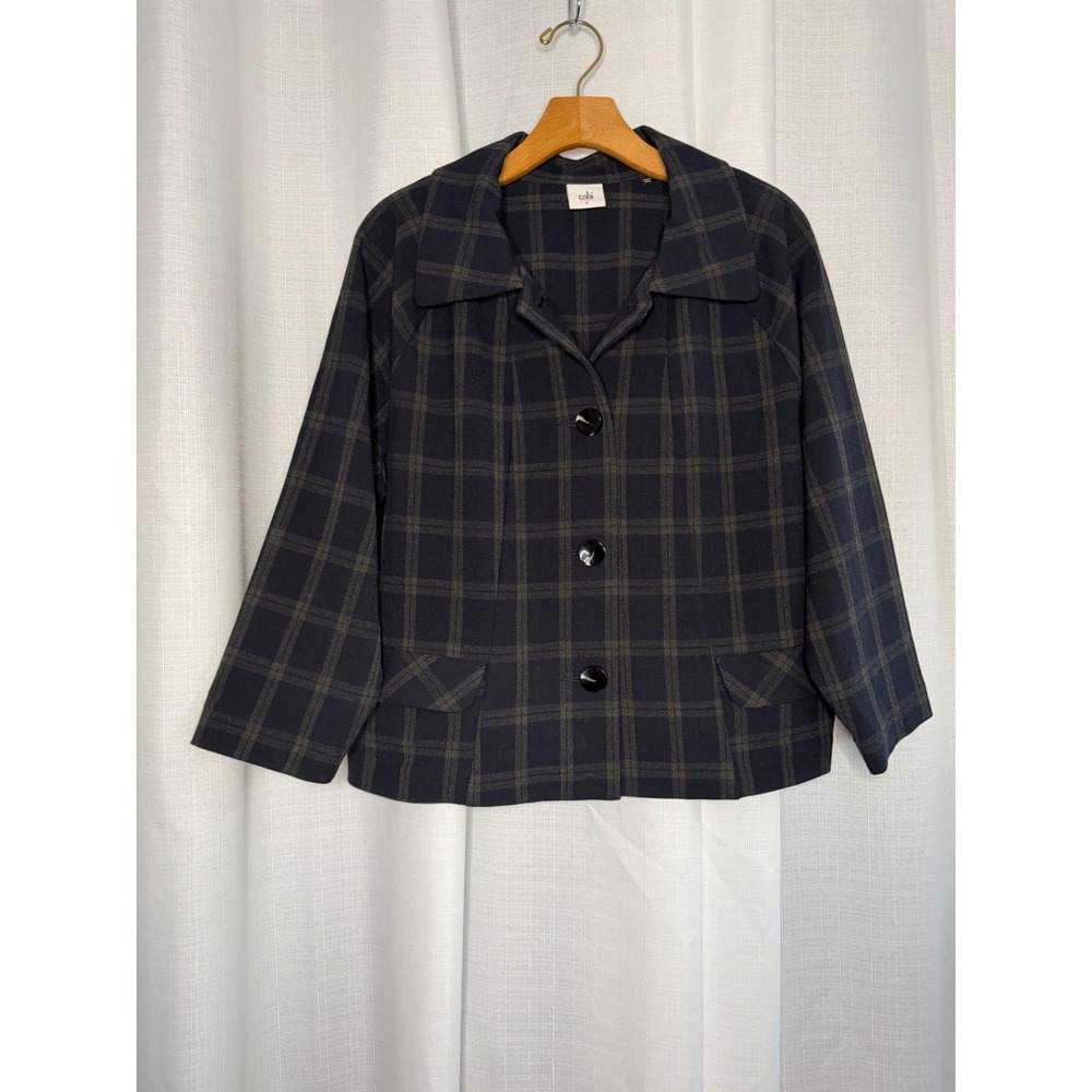 Cabi Plaid Button Front Jacket Size L Navy Olive Green Check Preppy Classic